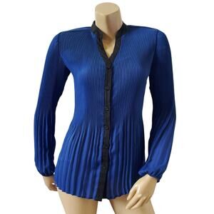 NY COLLECTION Womens Size XS Sheer Blue Black Button Front V Neck Crinkle Shirt